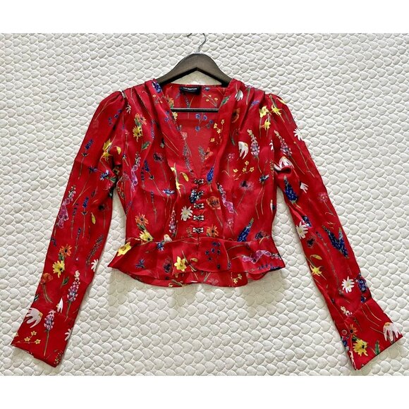 NWOT The Kooples Pleated Red Floral Cropped Top Blouse Size 1 Long Sleeve - Picture 2 of 12